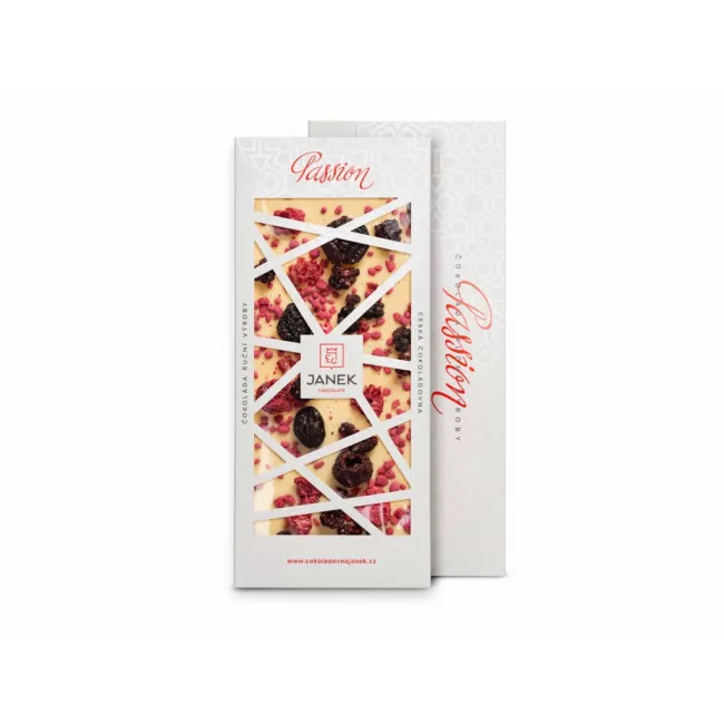 31.1% white chocolate Passion with cherries, raspberries, blackberries, and rose